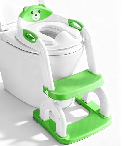 2in1 Toilettentrainer Eixara höhenverstellbar grün mit weichem Sitzkissen | Upgraded WC Aufsatz für Kinder Toilettentrainer mit Treppe, Höhenverstellbar Bequemer Sicherer Toilettensitze
