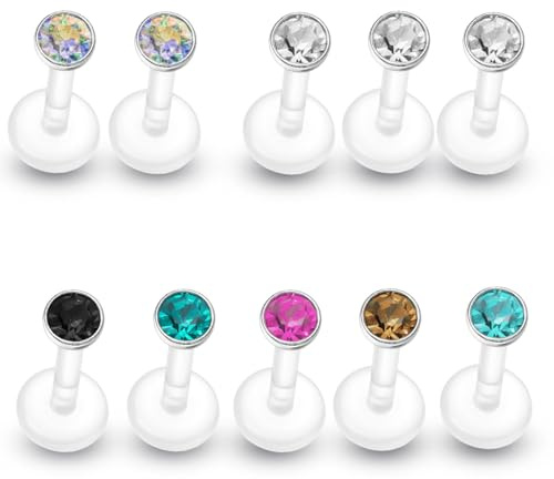 Soul-Cats Lot de 10 piercings labret en bioflex 1,2 mm x 8 mm – Tige de piercing avec cristal en 10 couleurs – Piercing de lèvre, hélix, tragus, Medusa – Hypoallergénique, flexible, transparent