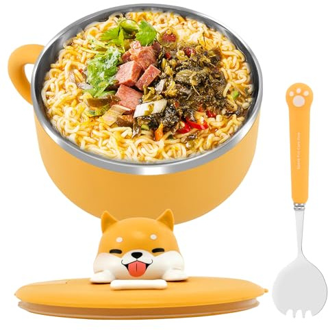 YUNYOUC 1200ml Ramen Bowl, 304 Stainless Steel Noodle Bowl with Lid and Spork, Dishwasher Safe, Ramen Cooker Bowls with Phone Holder Function for College Dorm, Office (Yellow)