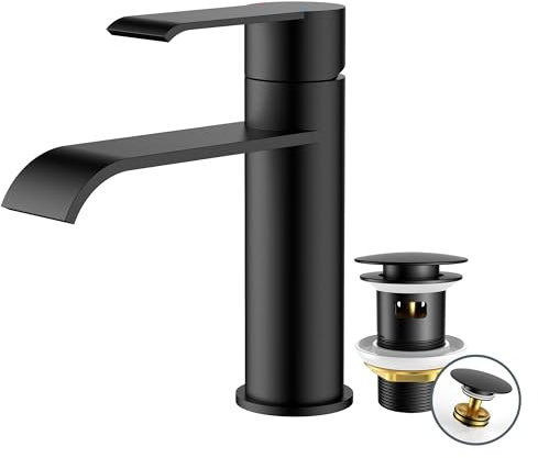 FORIOUS Wasserhahn Bad Schwarz,Einhandmischer mit Auslaufhöhe 98 mm | Hochwertige Waschtischarmatur mit Ablaufgarnitur, Moderne Waschbecken Armaturen für Badezimmer, energiesparend&wassersparend