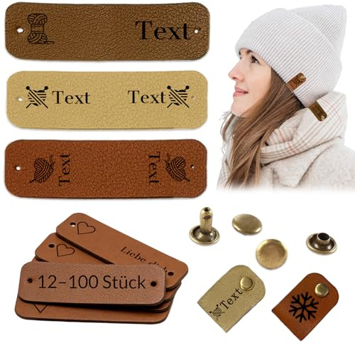 AAQ Personalisierte Handgefertigte Leder Etiketten Mit Nieten Individuelle Namens Logo DIY Labels für Häkeln Kleidung Hüte Schals Handschuhe (Stil B-12 Stück)