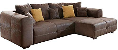 Cavadore Ecksofa Mavericco / Polster Eck-Couch mit Kissen in Antik-Leder-Optik und Holzfüßen / Longchair rechts / 285 x 69 x 170 / Mikrofaser Braun