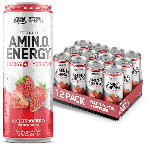 Optimum Nutrition Amino Energy Sparkling Hydration Drink, Electrolytes, Caffeine, Amino Acids, BCAAs, Sugar Free, Juicy Strawberry, 12 Fl Oz, 12 Pack (Packaging May Vary)