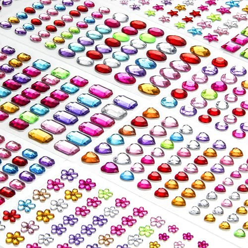 FEMBW Glitzersteine Selbstklebend, 14 Blätter 1200 StÜCk Schmucksteine Selbstklebend Aufkleber für Kinder Bunt Verschiedene Deko Strasssteine für Basteln Grußkarten Handwerke Fotorahmen