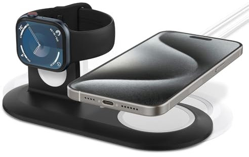 Spigen Estación de Carga mag Fit Duo Compatible con Cargador MagSafe (2020-2023) para iPhone 17/16/15/14/13/12 y Apple Watch Ultra 3/2/1, Series 11/10/9/8/7/SE - Negro