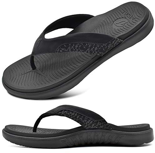 ONCAI Tongs pour Hommes, Été Sport Douche Piscine Plage Plantaire Cuir Sangle Chaussures de Support de L'arche Semelle en Caoutchouc Taille 40-47