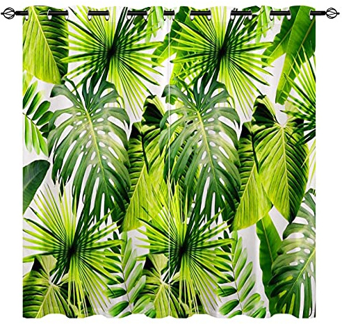 YUANZU Tropical Curtains, Green Plant Palm Leaf 3D Patterns Microfiber Blackout Fabric Eyelet Window Drapes for Living Room Home Decoration and Bedroom Set of 2 Panels W117cm (46) x D137cm (54)