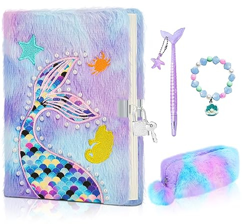 homicozy Diario Secreto Niña con Cerradura, Papelería para Chicas, Cuadernos De Sirenas con Fundas de Peluche, Cuadernos Privados con Bolígrafos y Pulseras de Perlas de Concha Moradas