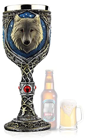 FIYSON Wolf Tasse,Wolf Kelch,Bierbecher,Kelch Mit Mittelalterlicher Dekoration,Kaffeebecher,aus Edelstahl und Harz,Vintage Wolf Muster Goblets Cup Weingläser für Champagner Wein Cocktail Whisky Bar