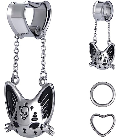 COOEAR Herz Messgeräte für Ohren, Herz Tunnel Doppel Flared Plugs, Katze Dangle Plugs Ohrringe.