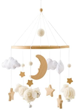 Babybett Mobile Baby Windspiel Schaf, Wolken Mond und Stern Holz Mobile Baby Kinderzimmer Hängende Bettglocke, Babybett Anhänger Spiel Mobile Bett Dekor (Beige)