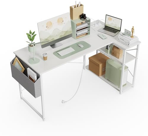 BEXEVUE Schreibtisch L-Form, 100 x 70 cm, platzsparender Computertisch mit Steckdosen und Seitentaschen, für Büro und Homeoffice Tisch, einfach zu montieren, Weiß