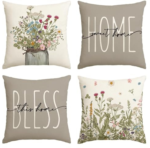 Artoid Mode Juego de 4 fundas de cojín con diseño de flores silvestres con hierbas antiguas, 45 x 45 cm, para verano, decoración