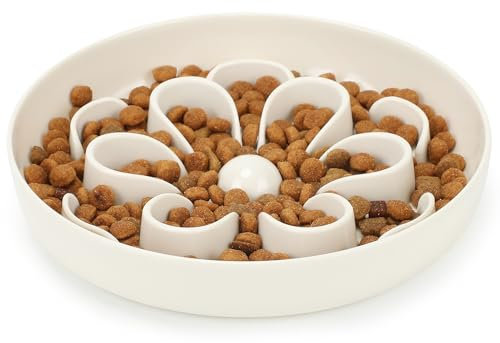 IDOGCHEW Gamelle Anti Glouton Chat, Assiette Régime Anti Vomissement pour Chat Glouton, Bol Plat Chaton avec Base Antidérapante pour Manger Lentement(Blanc-Fleur, Rond)