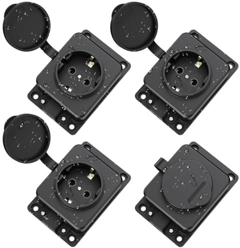 Presa impermeabile esterno con scomparto singolo, coperchio, 4 pezzi, per ambienti umidi, IP54, per giardino, colore nero (senza cavo)