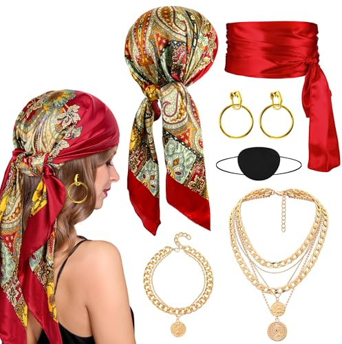 Amlisia Karneval Piratenkostüm Damen Zubehör Set, Mittelalter Piraten Kostüm mit Piraten Kopftuch Piratenschmuck Augenklappe Ohrringe Pirate Accessories für Fasching Party