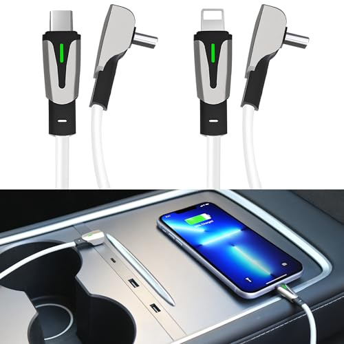 Leikaendi Type-C x 1 & Lightning x 1 USB-datakabel för bil, 90°-böj, 1,2 m lång, 27 W snabb laddning kompatibel med bilens mittkonsol, USB-hubb