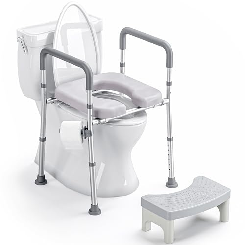Toilettensitzerhöhung für ältere Menschen, Erhöhter Toilettensitz mit Griffen, Höhen- und Breitenverstellung, Toiletten-Sicherheitsrahmen mit Armlehnen, abnehmbarer Polsterung (Silber)