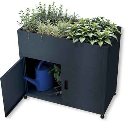 Metzler Hochbeet für den Garten mit Stauraum – Pulverbeschichteter Stahl in Anthrazit RAL 7016 | Witterungsbeständiges Metall-Gartenbeet, Pflanzenbeet, Blumenhochbeet | 100 x 90 x 50 cm