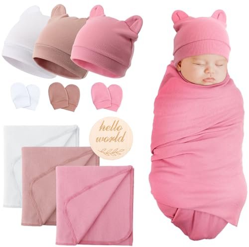 DRESHOW Coperta per Neonato Morbide Coperte Swaddle per Neonati che Ricevono Fasce Calde con Cappello a Orecchie di Orso e Fascia con Guanti