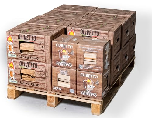 OLIVETTO Legna da Ardere di Olivo 14 Scatole da 10 kg con CUBETTO Legnetti Accendifuoco 4 Scatole da 4 kg – Set da 152 kg in Scatole di Cartone – Per Camino, Stufe, Forni e Barbecue