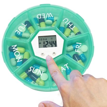 Portapillole da Viaggio, Scatola per Pillole Intelligente a Sette Compartimenti con Timer, Contenitore per Medicinali con Tasche Promemoria Mattino Pomeriggio per Viaggio Lavoro Esterno Casa Ospedale
