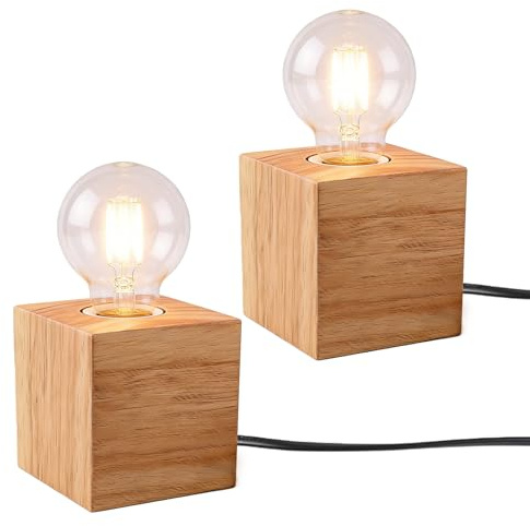 BORDEAG Base per lampada E27, 2 pezzi, lampada da comodino a forma di cubo in legno con interruttore a cavo, lampada da tavolo E27 in legno, per camera da letto, soggiorno, ufficio