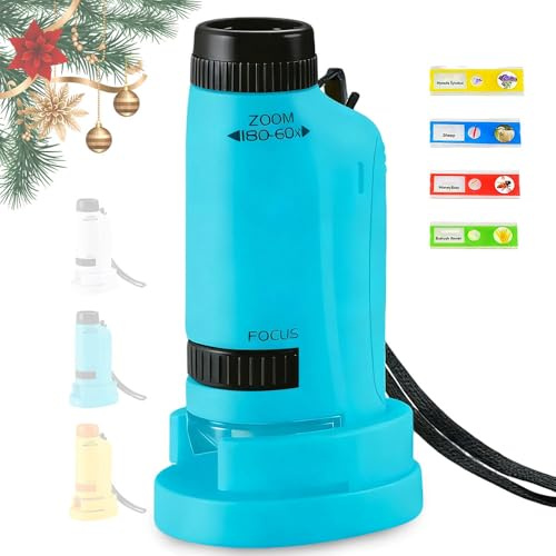 Mikroskop für Kinder, 2026 Upgrade Taschenmikroskop 60-180-facher Vergrößerung, Tragbares Handmikroskop mit Objektträgern & Licht Abenteuer-Mikroskop für Kinder (Blau)