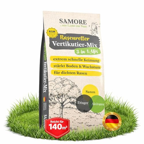 samore - Rasenretter Vertikutiermix I Rasendünger, Rasensamen & Bodenaktivator I 3in1 Rasenreparaturmischung I Rasendünger Frühjahr mit Grassamen gegen kahle Stellen I Nachsaat (4 Kg für 140 m²)