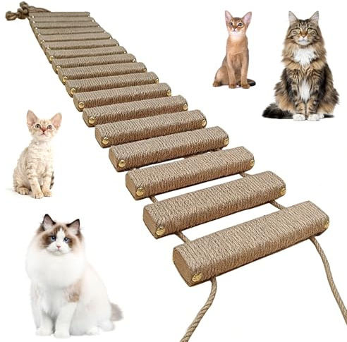 Kattstege 150 cm, kattstege bro av trä och sisalrep, klätterställning för katter, aktivitetsmadrass, hängmatta, kattrappa för vägg, husdjursmöbler, khaki