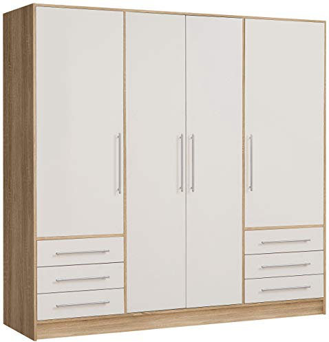 Forte Armario Jupiter 200 210, puertas batientes, 4 puertas, 6 cajones, estantes, blanco/roble Sonoma, 206.5x200x60 cm