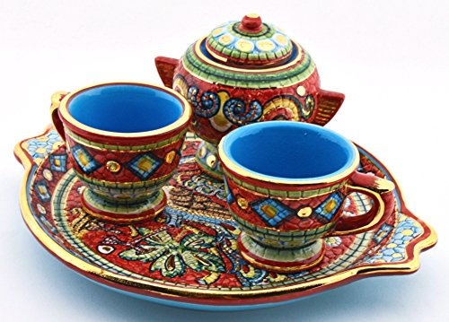 ART ESCUDELLERS Servicio CAFÉ X2 Tazas con AZUCARERO Multicolor en Ceramica Pintado a Mano con Oro de 24K, Decorado al Estilo BIZANTINO Rojo. 24,5cm x 21cm x 11cm