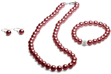 Perlenkette geknotet - Perlenarmband - Perlenohrringe - Set Bordeaux Rot