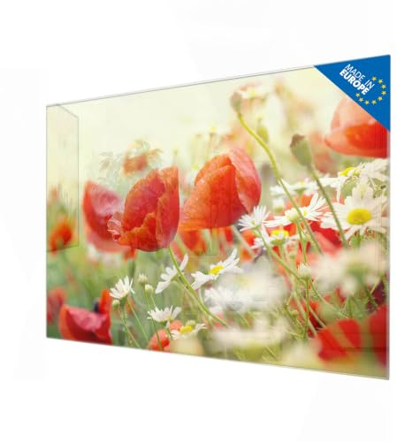 banjado Glas-Memoboard in 60x40cm mit Blumen- und Pflanzenmotiv | Beschreibbares Glasboard für Planung und Fotos, mit Motiv Kamille Und Mohn im floralen Stil