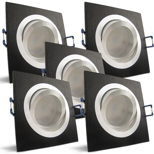 trendlights24 Noble LED Einbaustrahler flach dimmbar Schwarz 230V 5er Set | extra flach, Einbautiefe 35 mm, LED Spot, 5W, 400lm, Warmweiß, 3000K, Deckenspots, Decken Einbauleuchte, eckig, schwenkbar