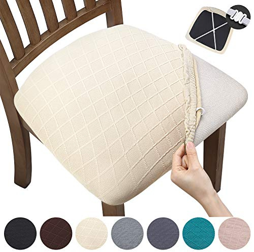 YISUN Präglad Jacquard expanderbart stolsöverdrag för matsal, kontor, hotell, bröllop, (beige, set om 4)
