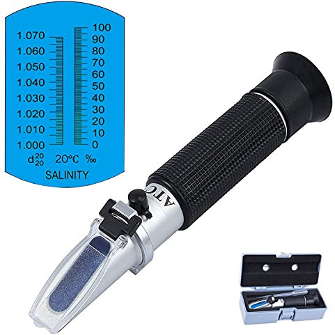 Salzgehalt Refraktometer,Automatische Temperaturkompensation HandheldSalinitäts Refraktometer, Hydrometer 0-100 ppt & 1,000-1,070 Spezifischer Schwerkraft-ATC-Refraktometer für Meerwasser Aquarien