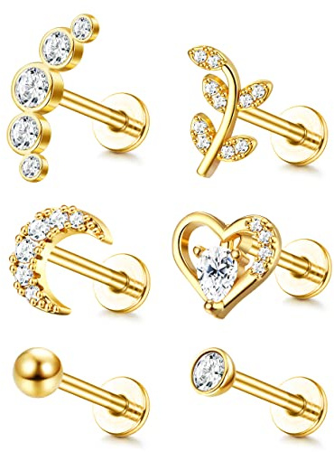 Adramata 6Pcs 16G Cartílago Tragus Pendientes De Tuerca Para Mujeres Hombres Con Rosca Interna CZ Luna Corazón Hoja Hélice Conch Labret Monroe Oreja Piercing Joyería