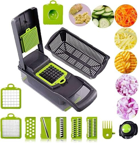 Pro Gemüseschneider mit 8 Klingen: Mandolinenhobel, Zwiebelschneider, Würfel, Eiertrenner, Hobel, Gemüseschneider, Schneider, Profi-Lebensmittelschneider, Würfelschneider mit Behälter für die Küche
