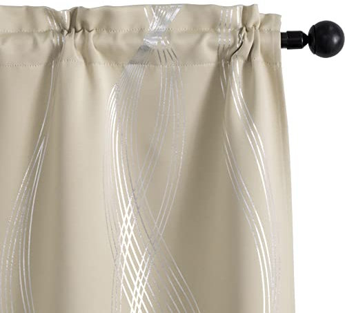 GIRASOLE HOME® Coppia Tende Oscuranti Termiche Morbide Fantasia Onde Argentate Tenda Isolante per Soggiorno Camera e Interni 2 Pannelli con Tasca (70x145cm, Beige)