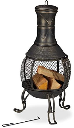 Relaxdays Chimenea Exterior, Acero y Hierro Fundido, 88x36 cm, Brasero Jardín, Salvachispas y Atizador, Negro y Dorado