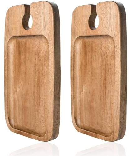 JF JAMES.F Acacia Wooden Plate with Wine Holder – Set of 2 Wine Appetizer Plates, Cocktail Server, Cheese Board & Serving Platter for Parties, Outdoor Entertaining, Picnics, and Home Use