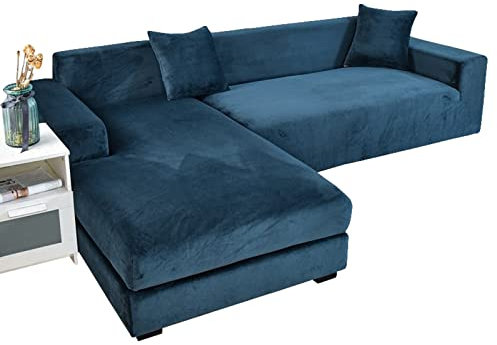 JHLD Stretch Sofabezug L Form Samt, Sofabezug L Form Samt 2 Stück weiche Sofa Abdeckung Sofa Überwürfe Mit elastischem Boden Für Hunde Katzen -blau A-4-Sitzer + 4-Sitzer