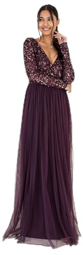 Maya Deluxe Damen Ladies Maxi Dress for Women with Long Sleeves V Neckline Plunging Sequin Embellished for Wedding Guest Bridesmaid Prom Kleid