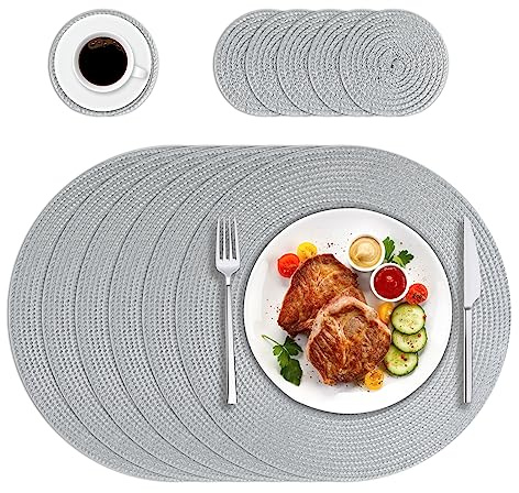 HPMAISON Grau Runde Tischsets und Untersetzer 6er Set, PP Geflochten Gewebt Tischsets Hitzebeständig Waschbar Küche Esszimmer Platzsets 6er Set für Zuhause, Restaurant Hotel, Outdoor, Party