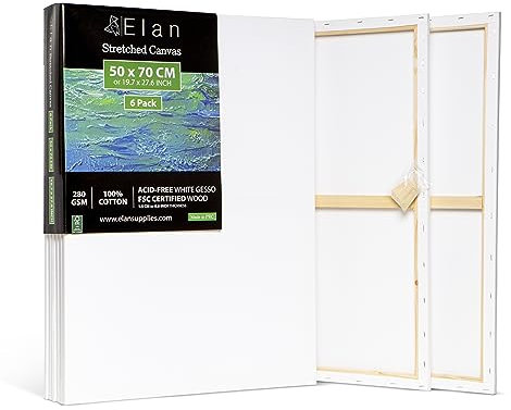 Elan Keilrahmen Leinwand Set 50x70 cm, 6 Stück - 100% Baumwolle zum Bemalen, Groß für Acrylfarben