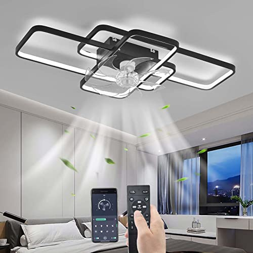 YUNZI Leise Deckenventilator mit Beleuchtung LED 80W Dimmbar Ventilator Deckenleuchte mit Fernbedienung, Modern Lampe für Wohnbereich Schlafzimmer Küche, 6 Geschwindigkeiten, Schwarz 103CM