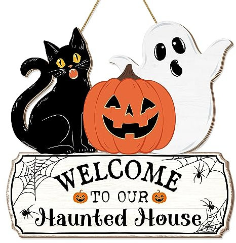 Decoración de Halloween para colgar en la puerta, letrero de bienvenida de Halloween, para colgar en la puerta delantera, corona, patio, decoración de pared, fantasma, gato negro, calabaza, letrero de