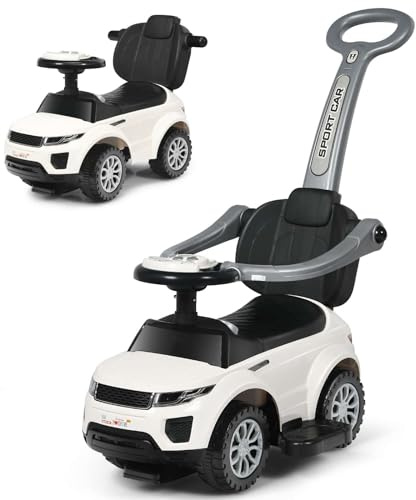 GYMAX 3 in 1 Kids Ride on Push Car, Push Along Car with Handle, Guardrails, Lights, Horn & Music, Underneath Storage, Toddler Sliding Toy for 1-3 Years Old Boys Girls (White)