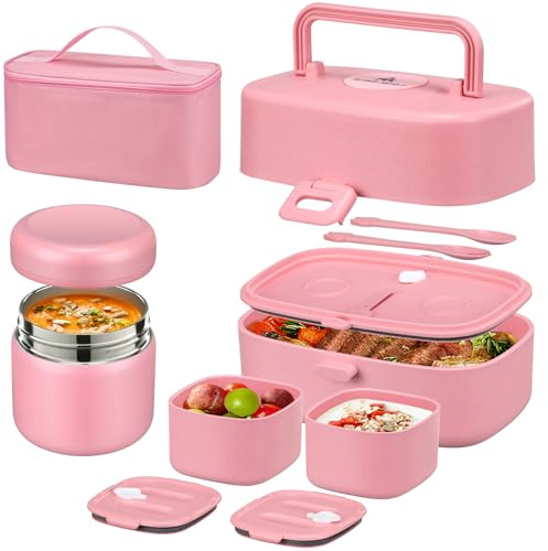 Pawtong Bento Lunch Box with 8oz Soup Thermo, Kids Sustainable Bento Box Leakproof Lunch Food Containers with Lunch Bag, Kids Thermo Insulated Hot Food Jar for School, Trvael (Pink)